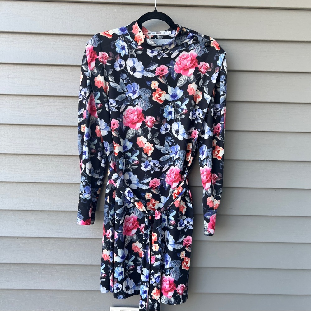 Rebecca Minkoff Floral Dress Trudy Black Mock Neck Size M Long Sleeves